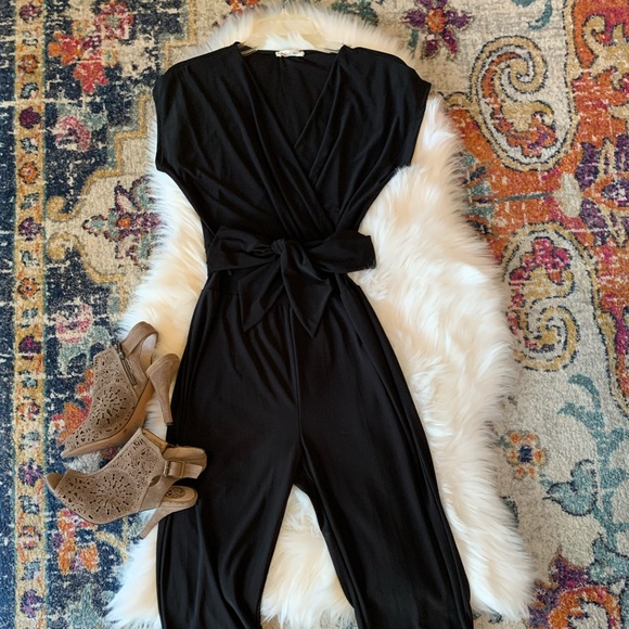 Rolla Coster Pants - Poly-stretch Wrap-Top Cap Sleeved Belted Jumpsuit